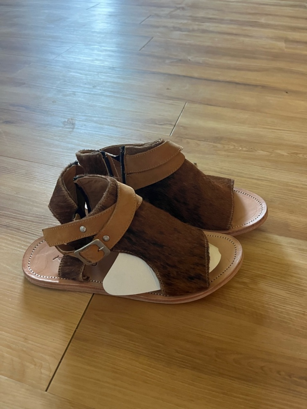 Brown Haircalf Ankle-Strap Sandals with Buckle